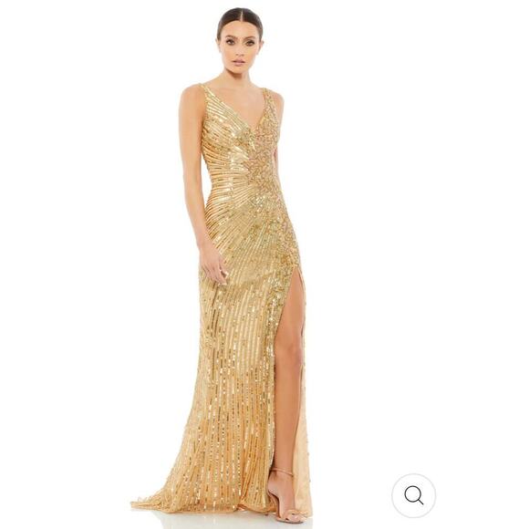 Mac Duggal 5473 High Slit Embellished Sequins Dress Gold Size 12 NWT - Picture 3 of 12